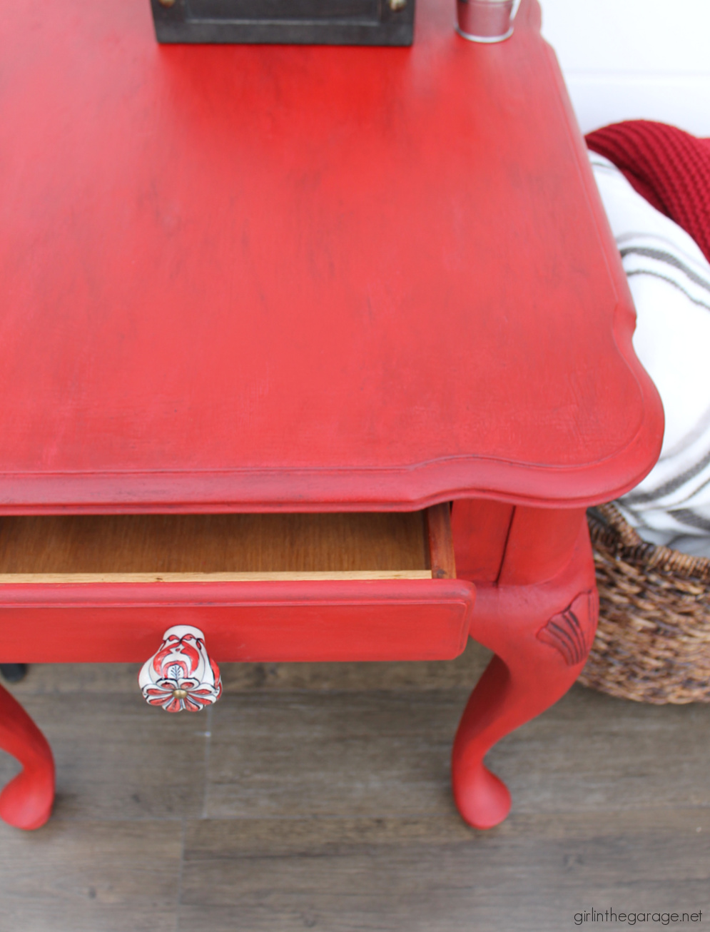 Bold red painted table with Chalk Paint and clear and black wax for drama. DIY tutorial by Girl in the Garage