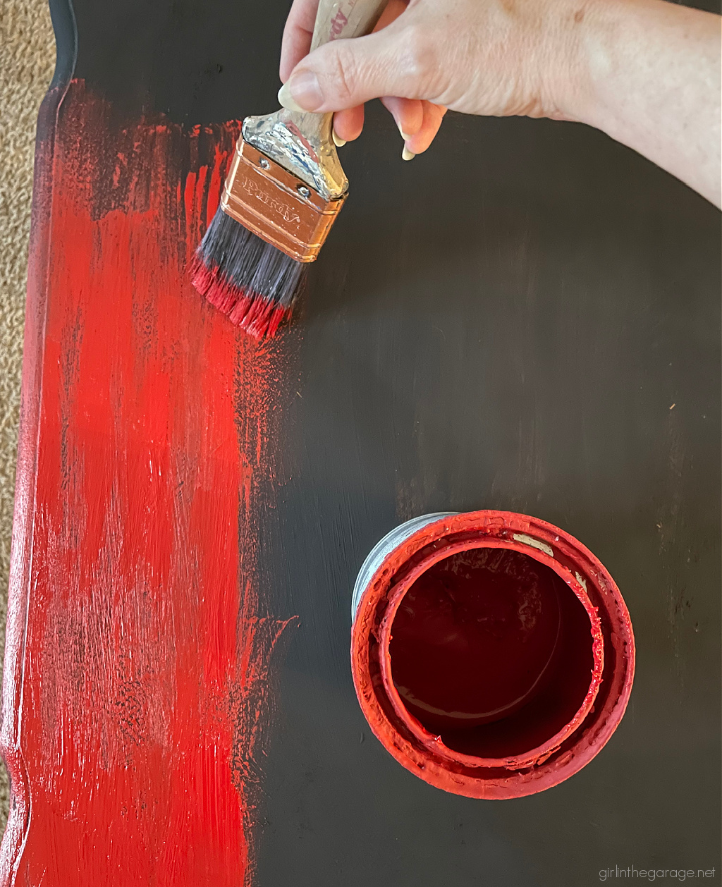 Bold red painted table with Chalk Paint and clear and black wax for drama. DIY tutorial by Girl in the Garage