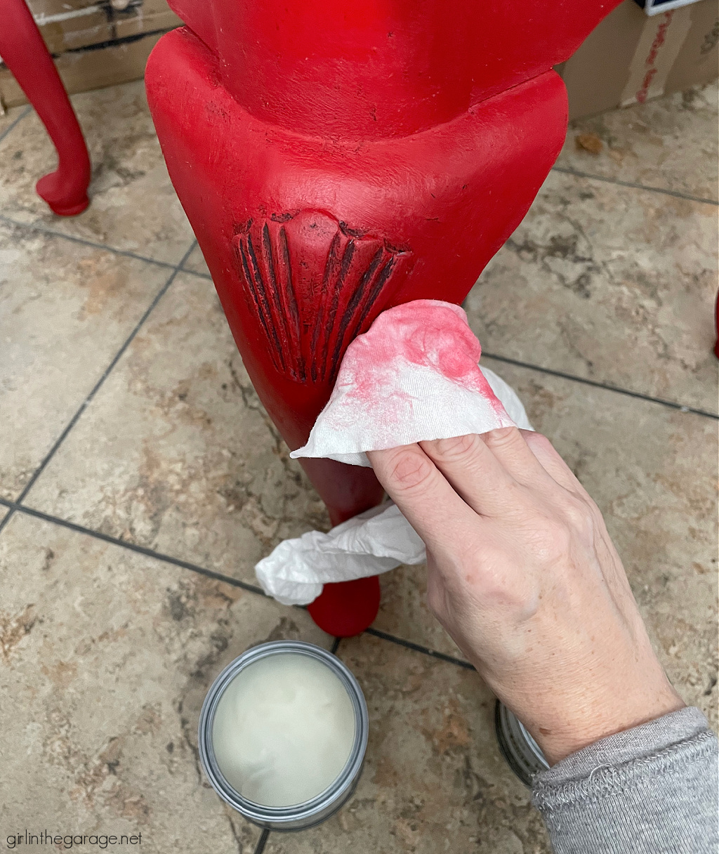 Bold red painted table with Chalk Paint and clear and black wax for drama. DIY tutorial by Girl in the Garage