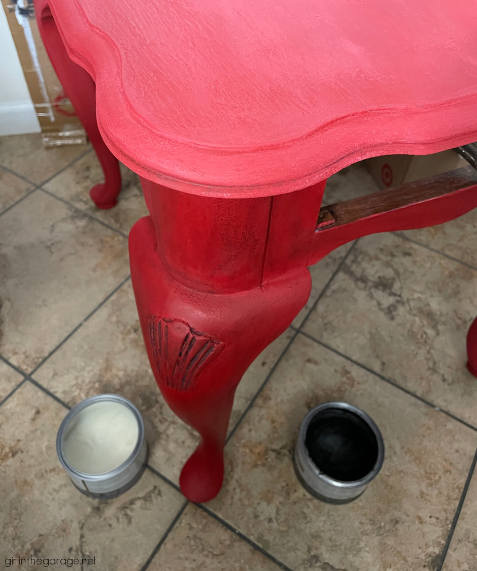 Bold red painted table with Chalk Paint and clear and black wax for drama. DIY tutorial by Girl in the Garage