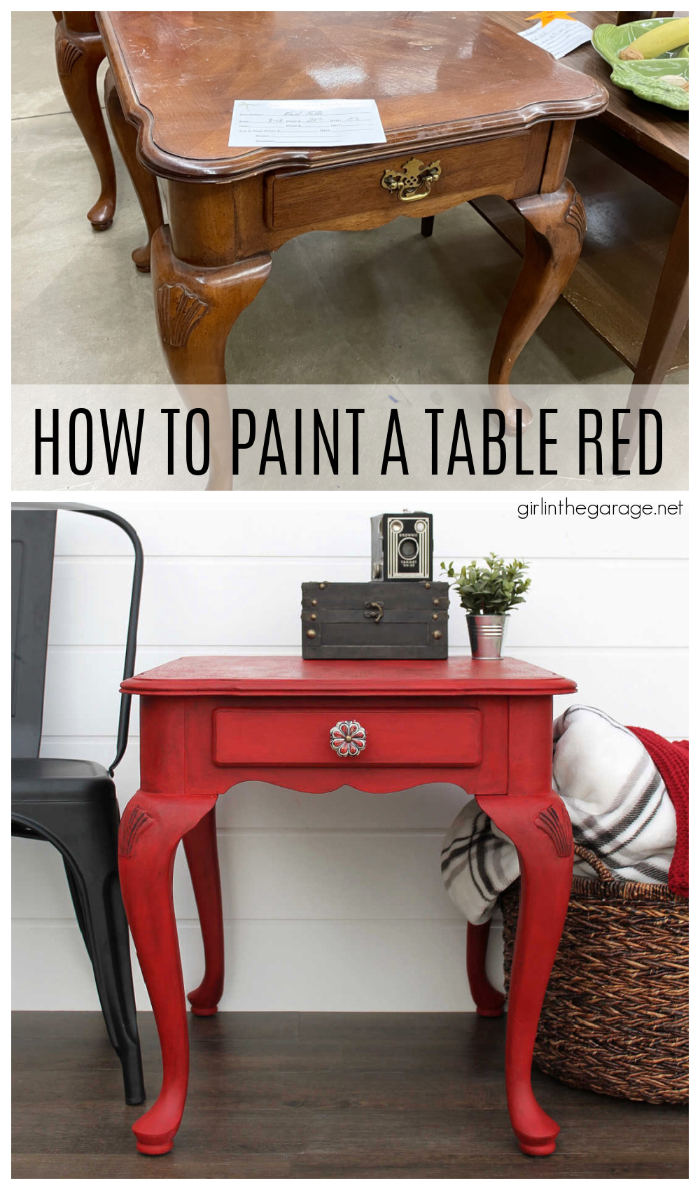 Bold red painted table with Chalk Paint and clear and black wax for drama. DIY tutorial by Girl in the Garage