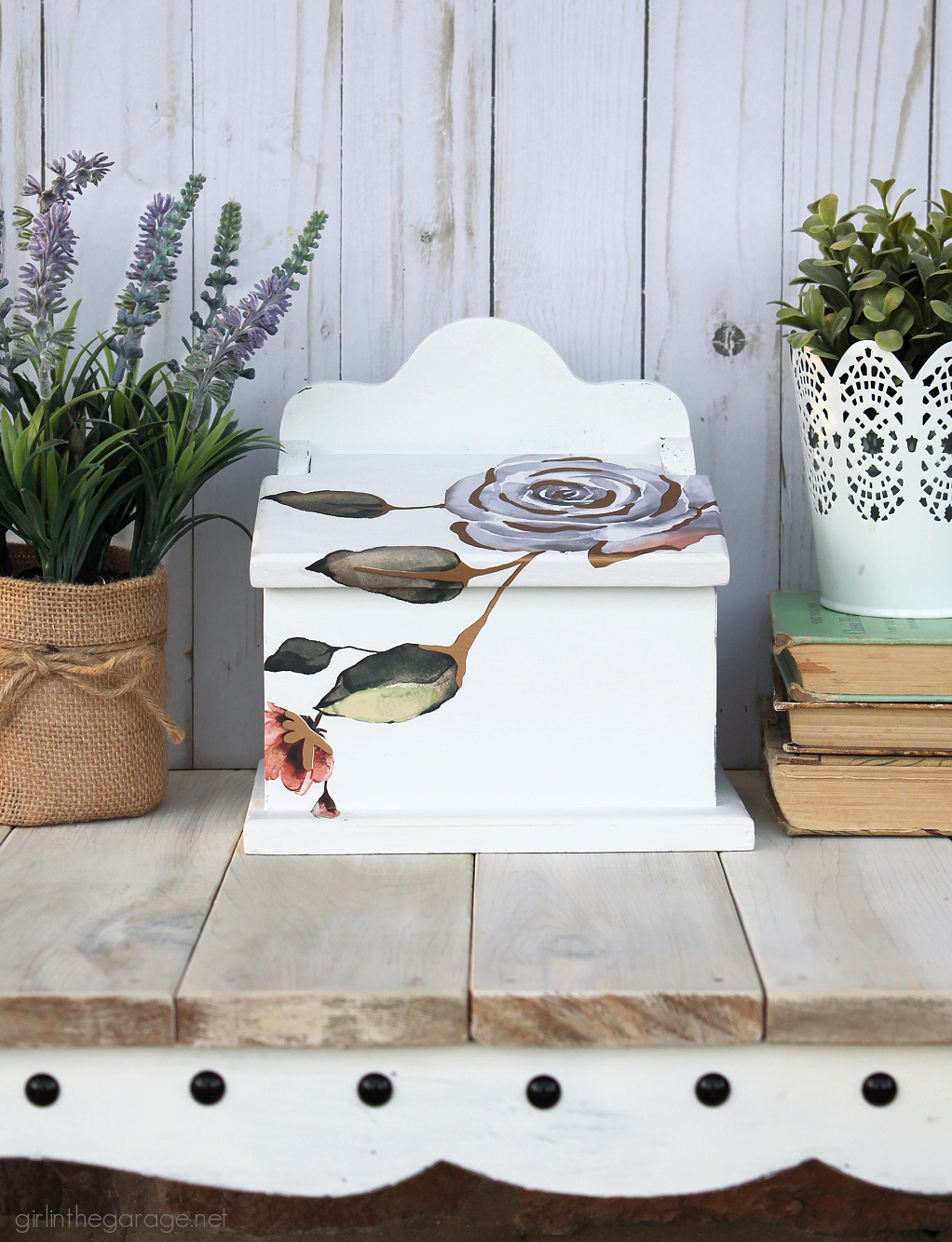 How to easily update a wood recipe box with Rustoleum Chalked Paint and a gorgeous floral image transfer. Tutorial by Girl in the Garage