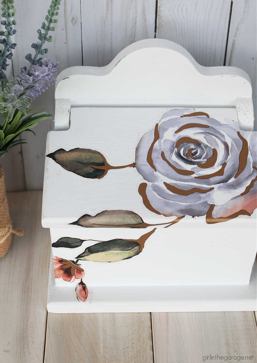 How to easily update a wood recipe box with Rustoleum Chalked Paint and a gorgeous floral image transfer. Tutorial by Girl in the Garage