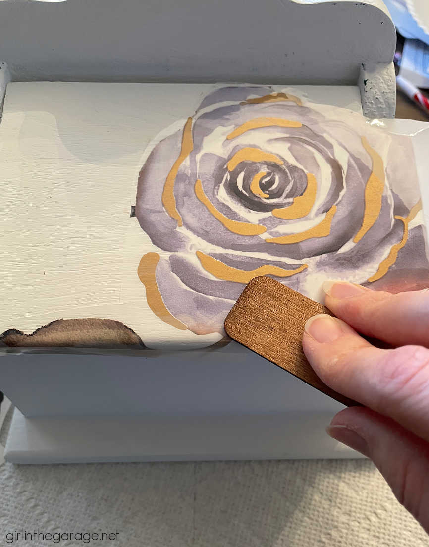 How to easily update a wood recipe box with Rustoleum Chalked Paint and a gorgeous floral image transfer. Tutorial by Girl in the Garage