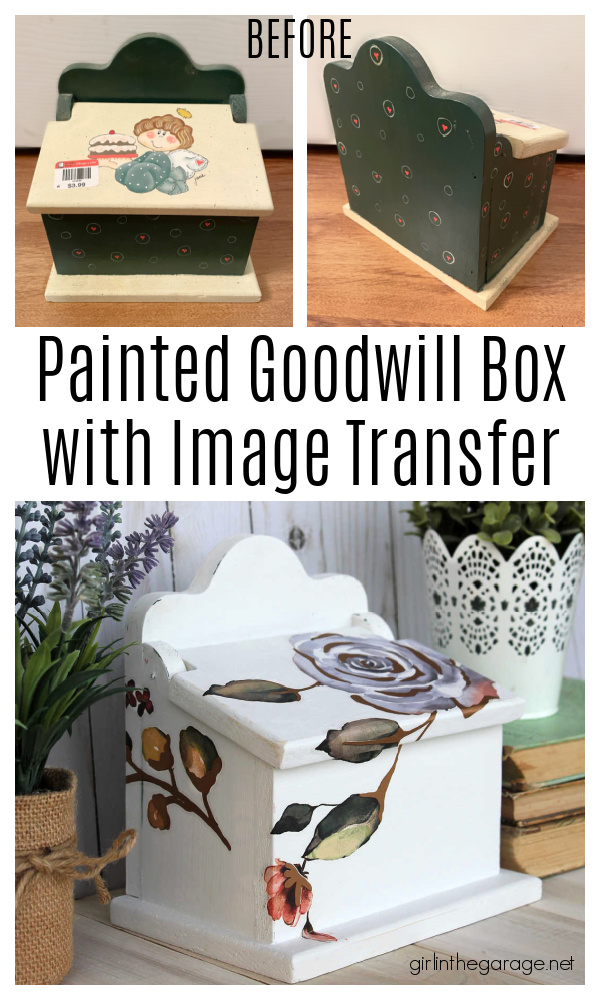 How to easily update a wood recipe box with Rustoleum Chalked Paint and a gorgeous floral image transfer. Tutorial by Girl in the Garage