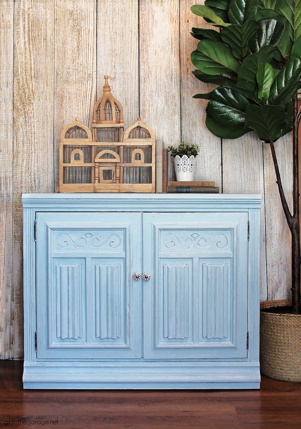 How to paint a vintage wood cabinet with Rustoleum Chalked Paint in Soothing Blue. Step by step painted furniture tutorial by Girl in the Garage.