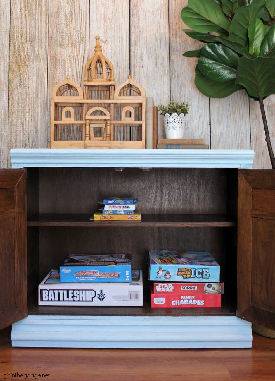 How to paint a vintage wood cabinet with Rustoleum Chalked Paint in Soothing Blue. Step by step painted furniture tutorial by Girl in the Garage.