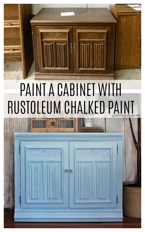 How to paint a vintage wood cabinet with Rustoleum Chalked Paint in Soothing Blue. Step by step painted furniture tutorial by Girl in the Garage.