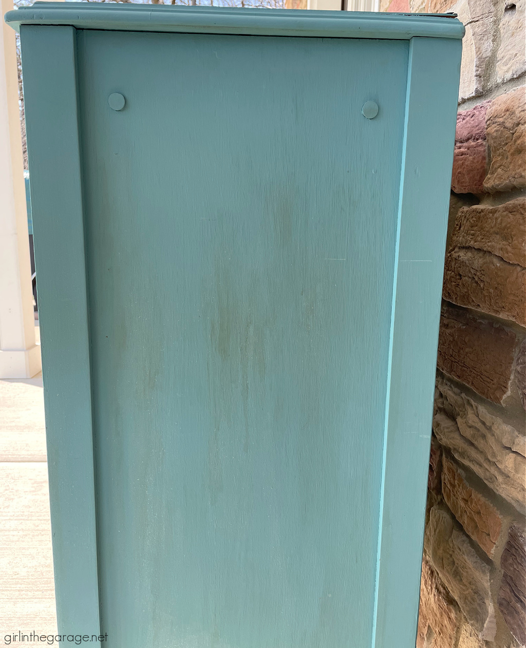 Repainted repurposed radio cabinet in Rustoleum Chalked Paint Charcoal with black wax. Industrial chic new look by Girl in the Garage