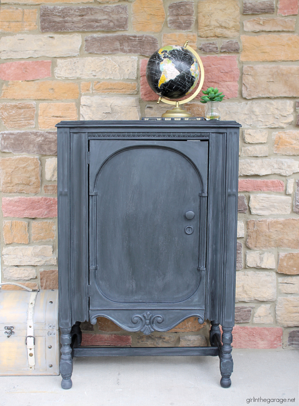 Repainted repurposed radio cabinet in Rustoleum Chalked Paint Charcoal with black wax. Industrial chic new look by Girl in the Garage