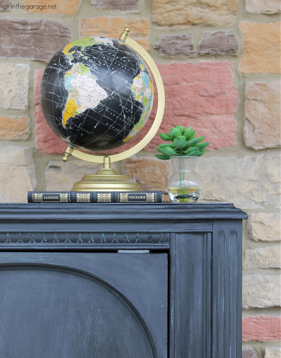 Repainted repurposed radio cabinet in Rustoleum Chalked Paint Charcoal with black wax. Industrial chic new look by Girl in the Garage