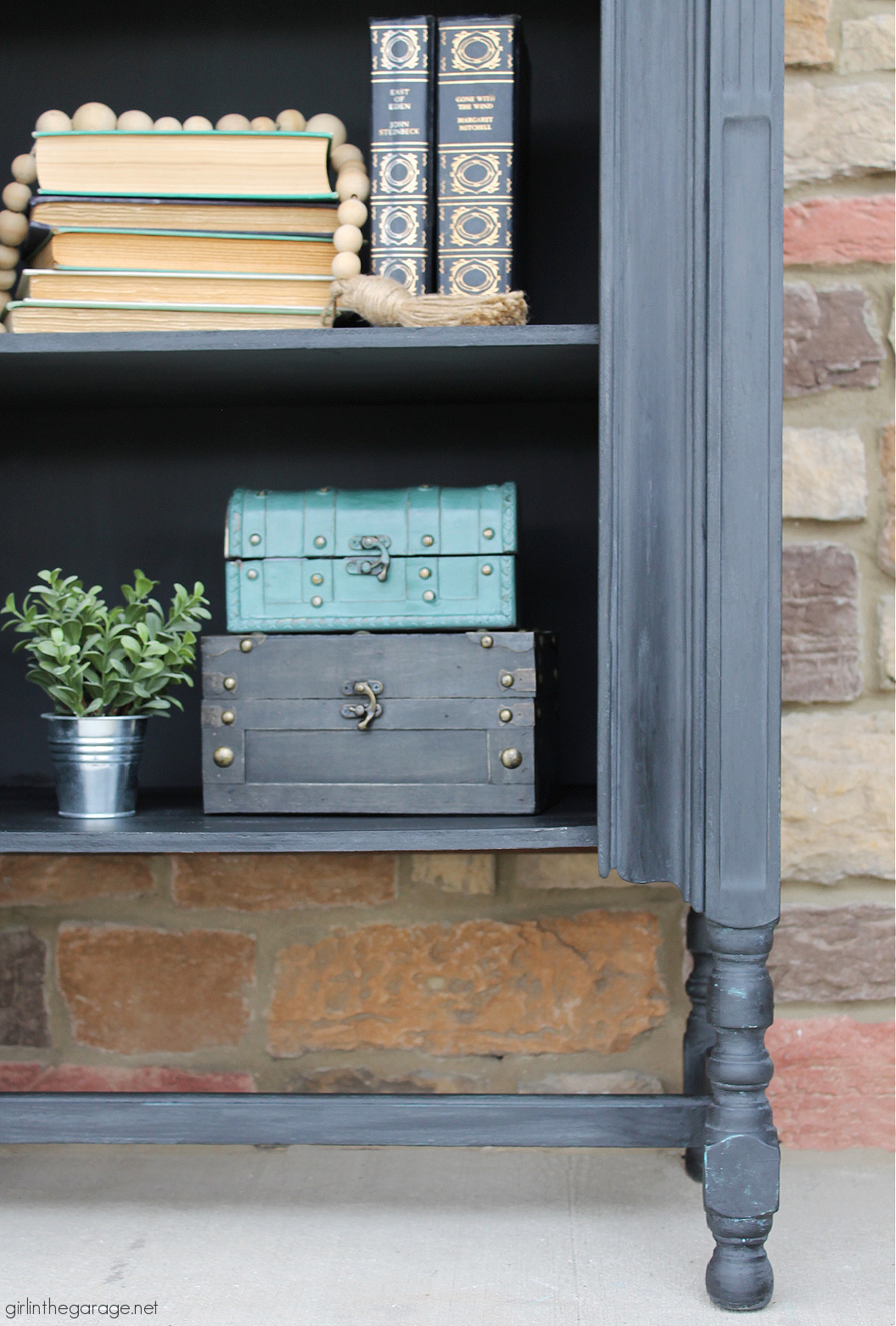 Repainted repurposed radio cabinet in Rustoleum Chalked Paint Charcoal with black wax. Industrial chic new look by Girl in the Garage