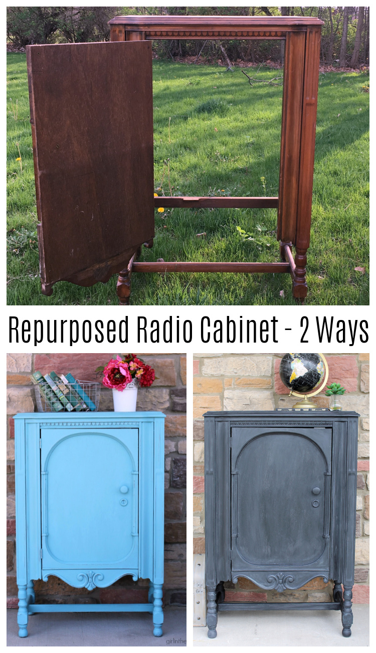 Repainted repurposed radio cabinet in Rustoleum Chalked Paint Charcoal with black wax. Industrial chic new look by Girl in the Garage