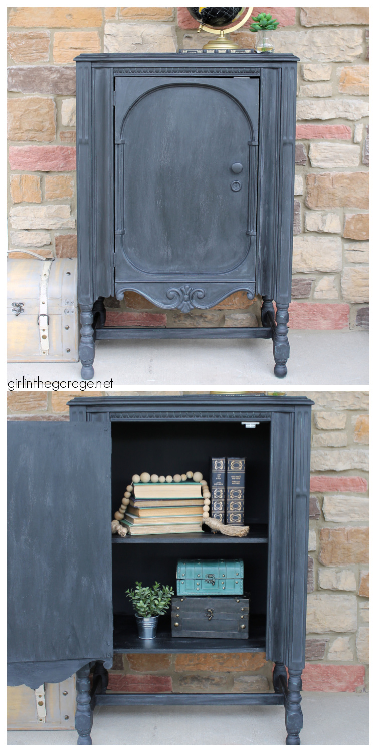 Repainted repurposed radio cabinet in Rustoleum Chalked Paint Charcoal with black wax. Industrial chic new look by Girl in the Garage