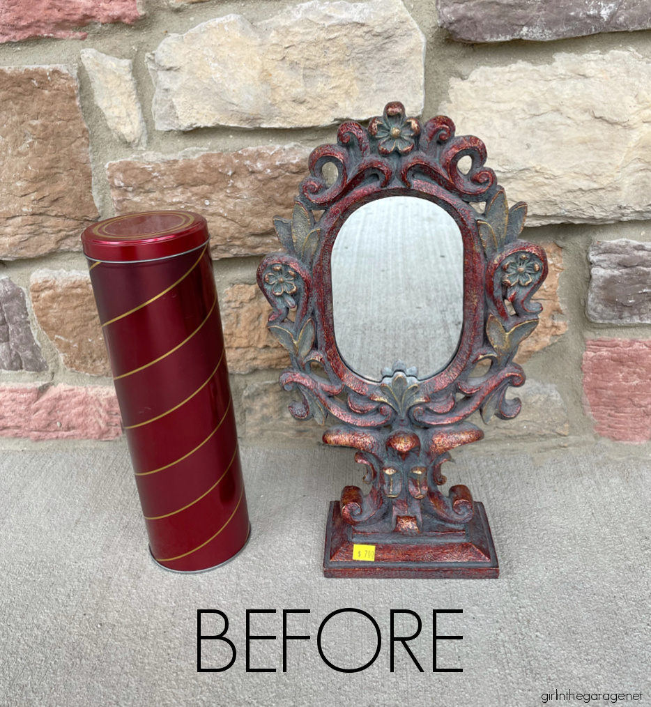 Thrifty decor ideas: How to upcycle a cookie tin and paint a mirror by Girl in the Garage