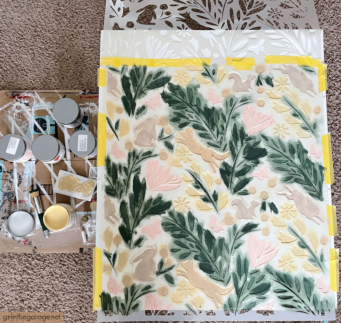 How to paint a bookcase white and add a whimsical stencil in multiple Country Chic Paint colors for a fun and unique furniture idea. By Girl in the Garage