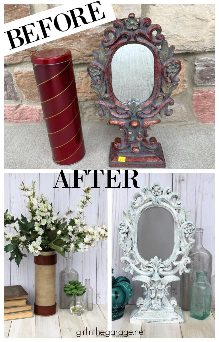 Thrifty decor ideas: How to upcycle a cookie tin and paint a mirror by Girl in the Garage