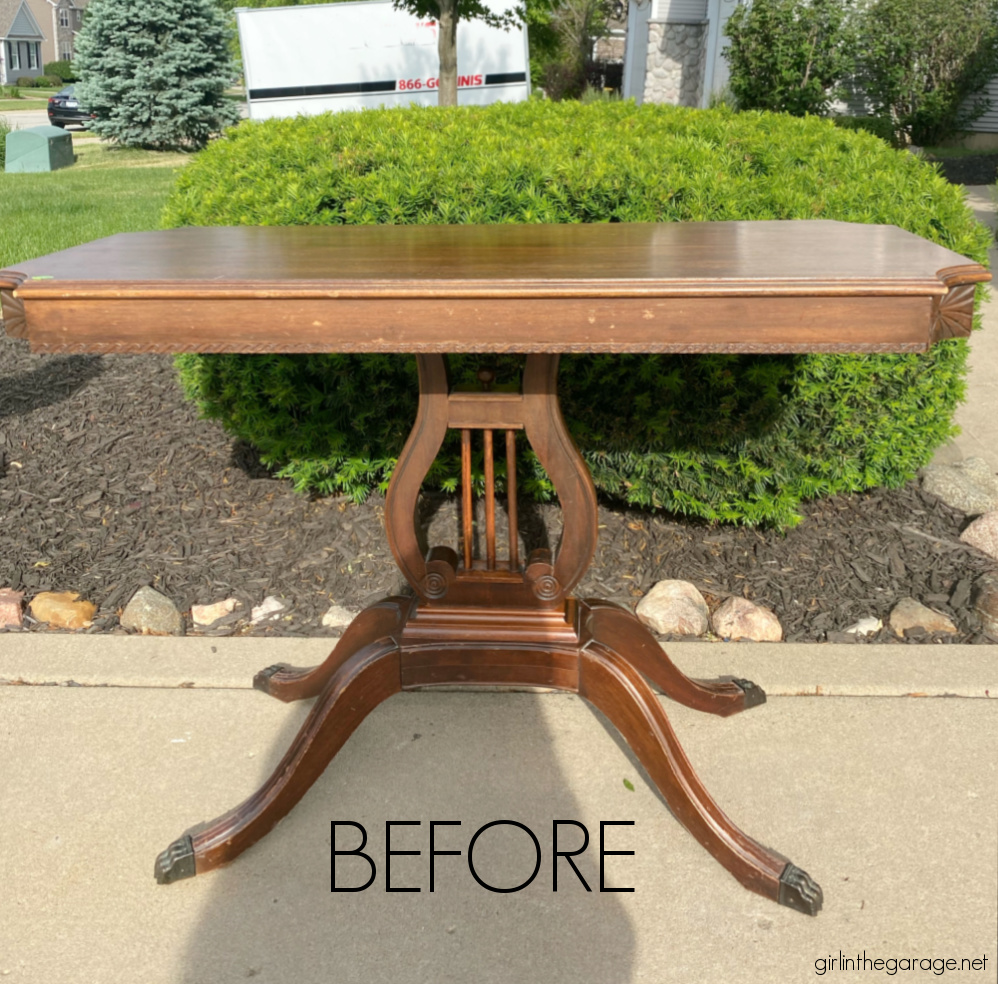 Learn how to refinish an antique harp table with both stain and paint for a gorgeous new look! By Girl in the Garage