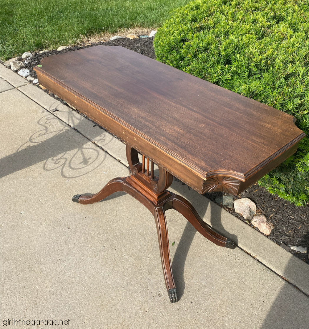 Learn how to refinish an antique harp table with both stain and paint for a gorgeous new look! By Girl in the Garage