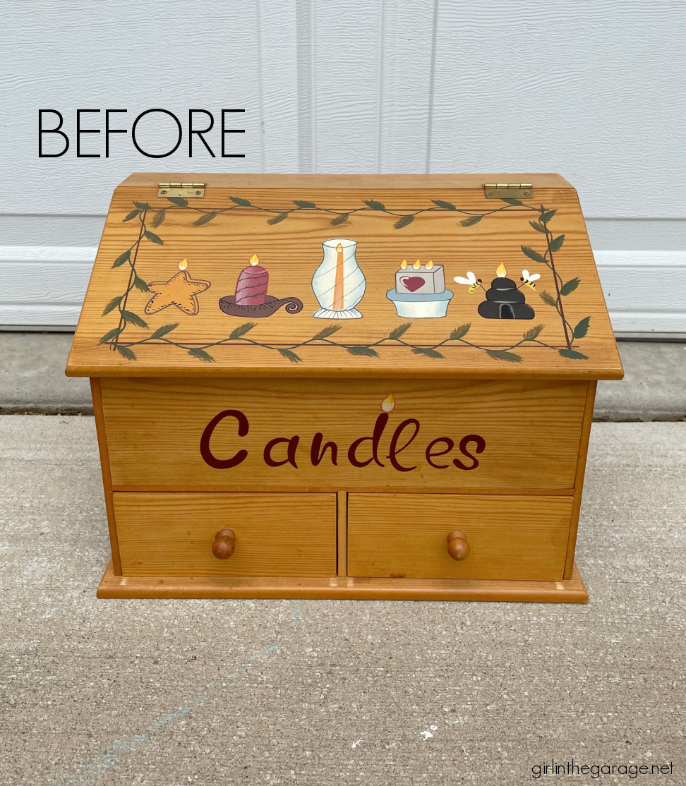 How to paint and stencil a thrifted Goodwill storage box and line the drawers with pretty paper. Easy and budget-friendly home decor by Girl in the Garage