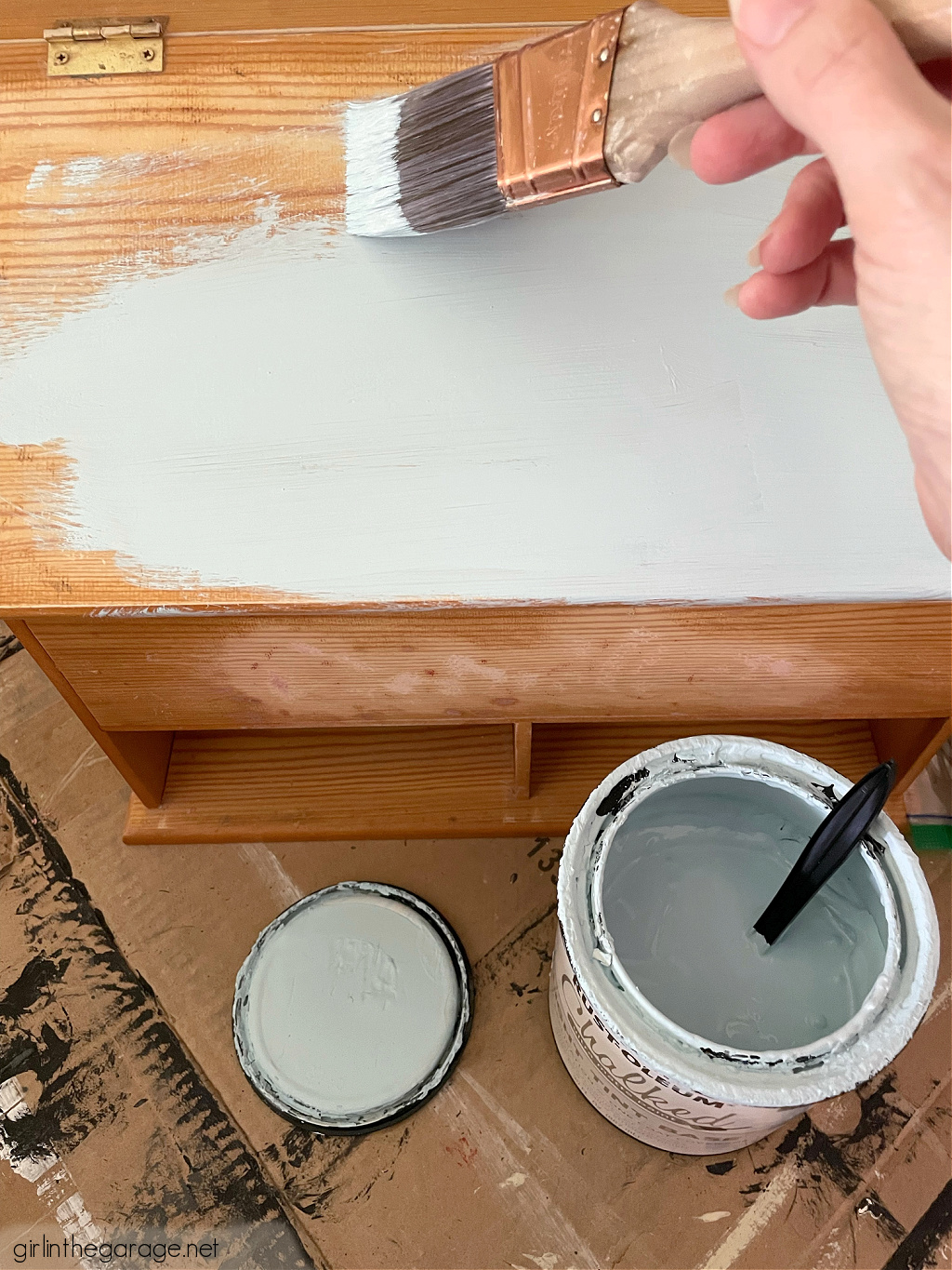 How to paint and stencil a thrifted Goodwill storage box and line the drawers with pretty paper. Easy and budget-friendly home decor by Girl in the Garage