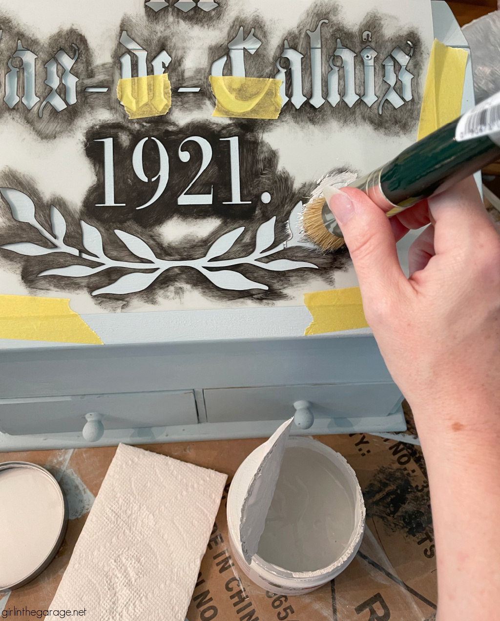 How to paint and stencil a thrifted Goodwill storage box and line the drawers with pretty paper. Easy and budget-friendly home decor by Girl in the Garage