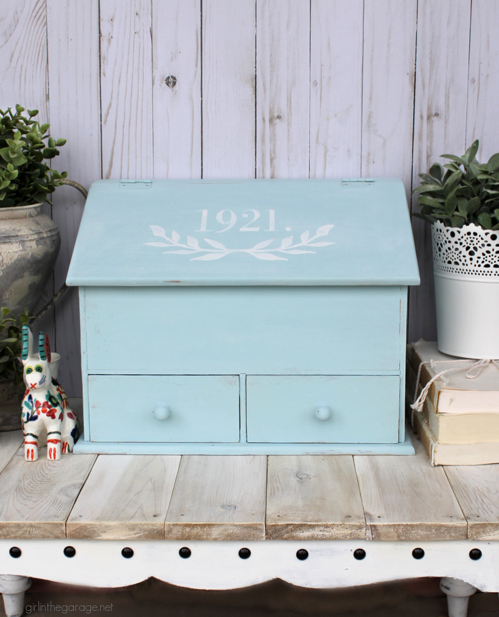 How to paint and stencil a thrifted Goodwill storage box and line the drawers with pretty paper. Easy and budget-friendly home decor by Girl in the Garage