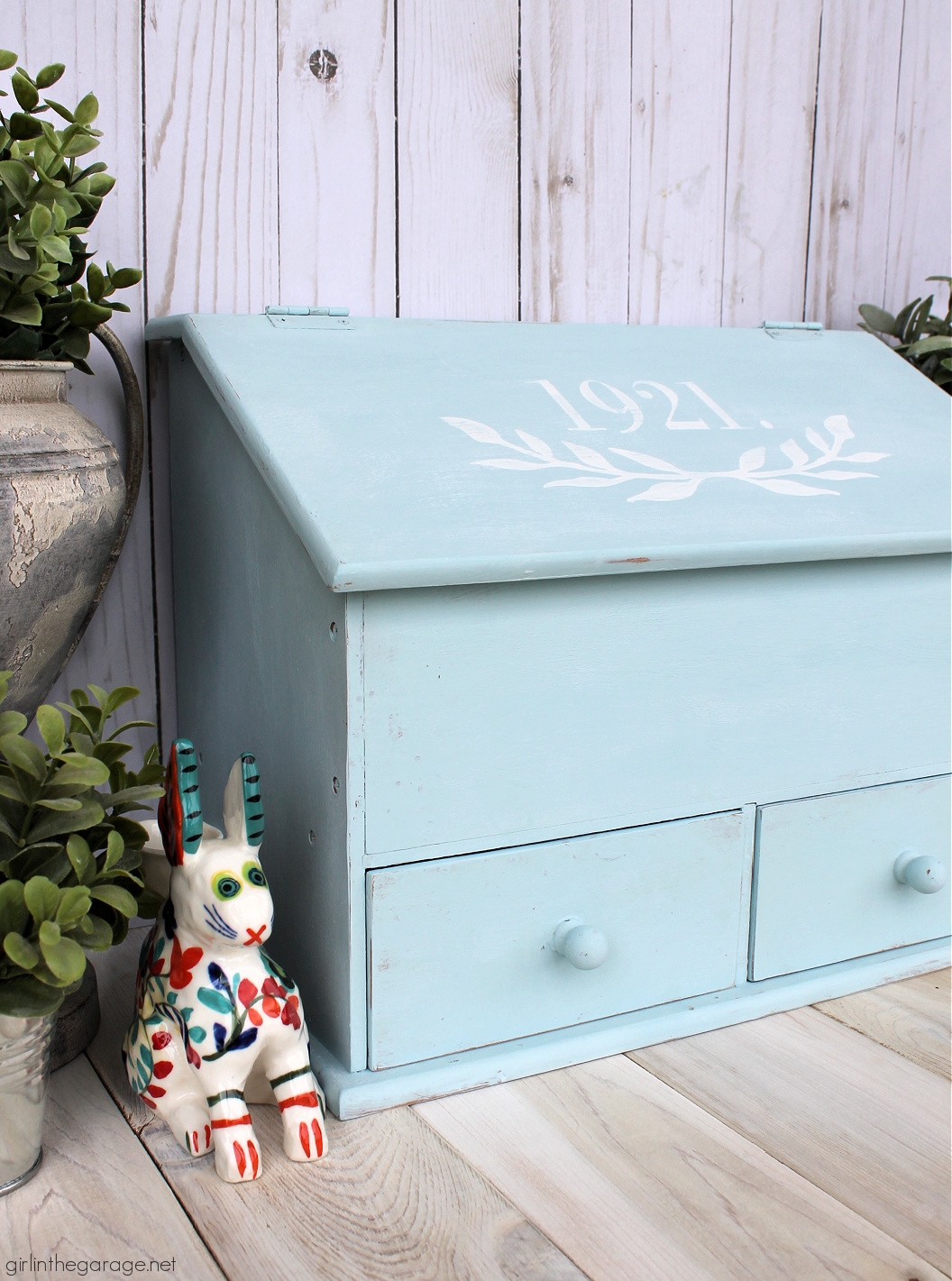 How to paint and stencil a thrifted Goodwill storage box and line the drawers with pretty paper. Easy and budget-friendly home decor by Girl in the Garage