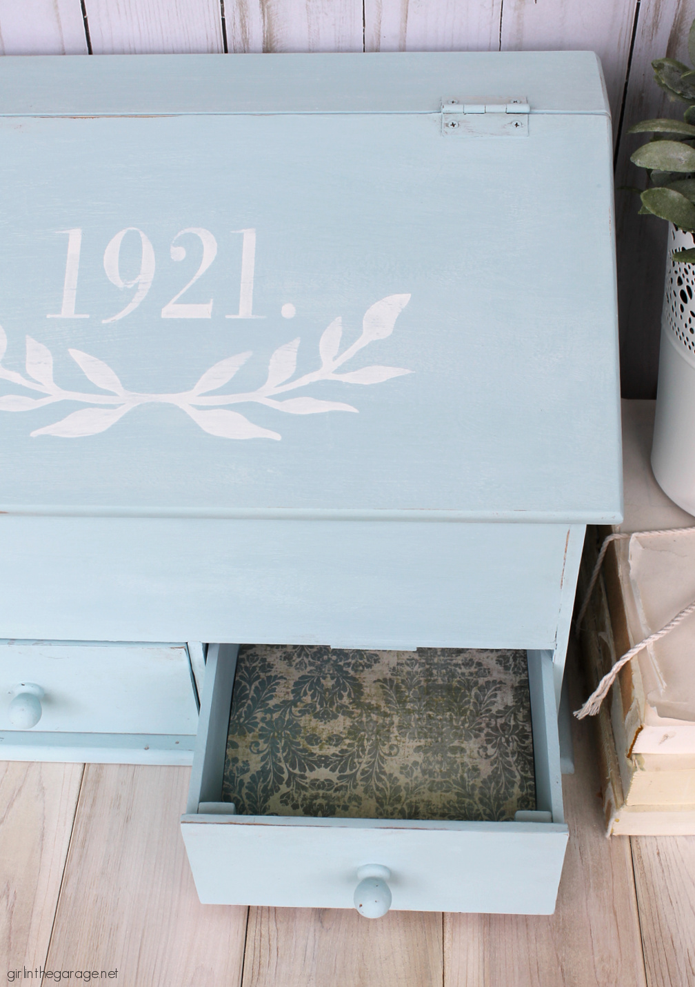 How to paint and stencil a thrifted Goodwill storage box and line the drawers with pretty paper. Easy and budget-friendly home decor by Girl in the Garage