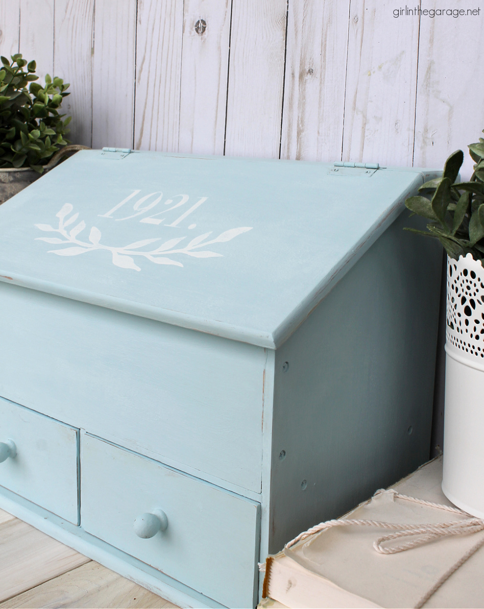 How to paint and stencil a thrifted Goodwill storage box and line the drawers with pretty paper. Easy and budget-friendly home decor by Girl in the Garage