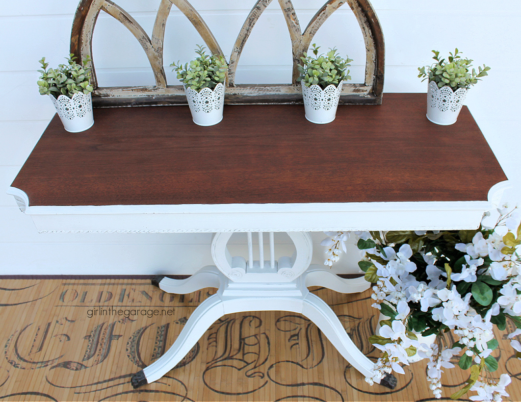 Learn how to refinish an antique harp table with both stain and paint for a gorgeous new look! By Girl in the Garage