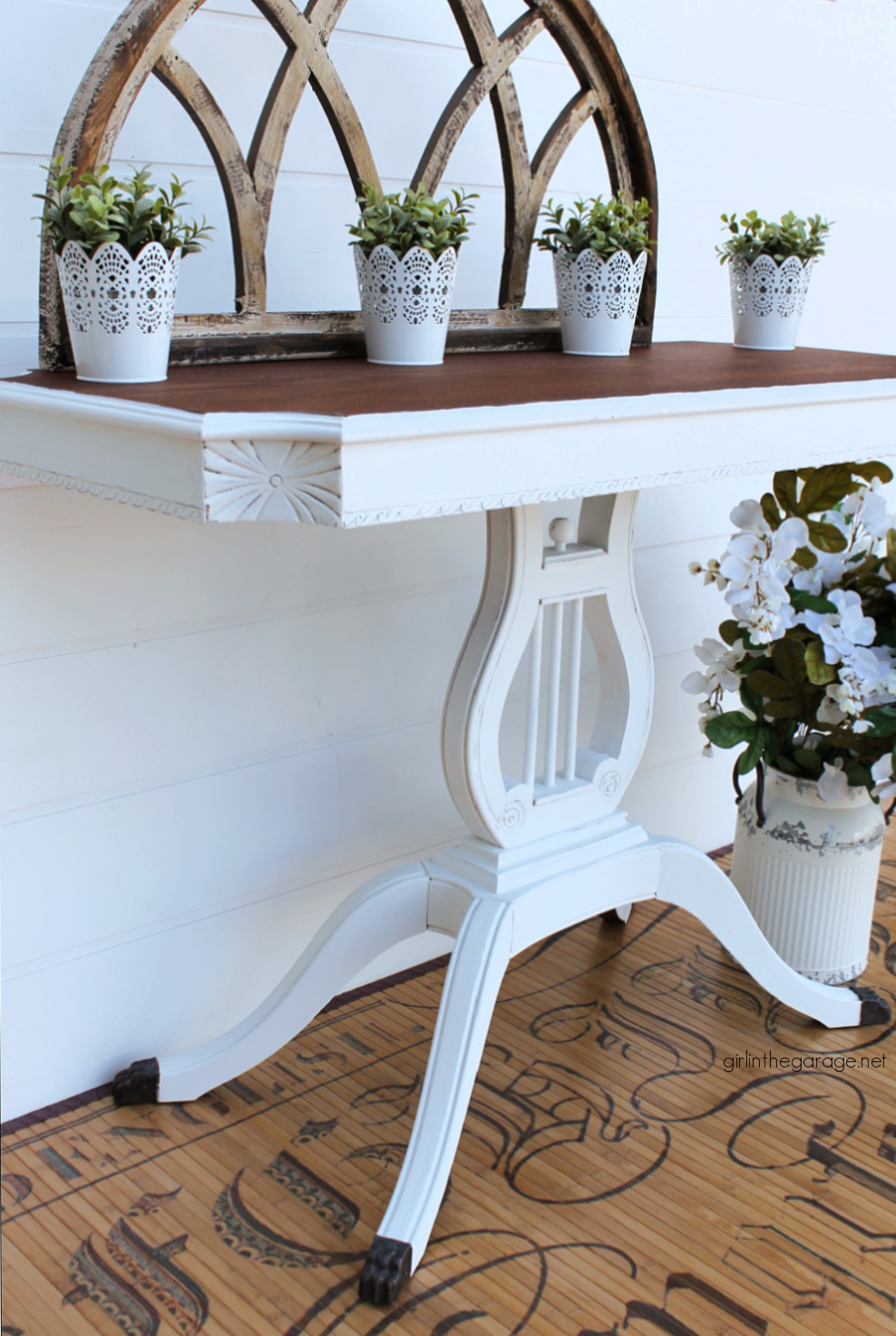Learn how to refinish an antique harp table with both stain and paint for a gorgeous new look! By Girl in the Garage