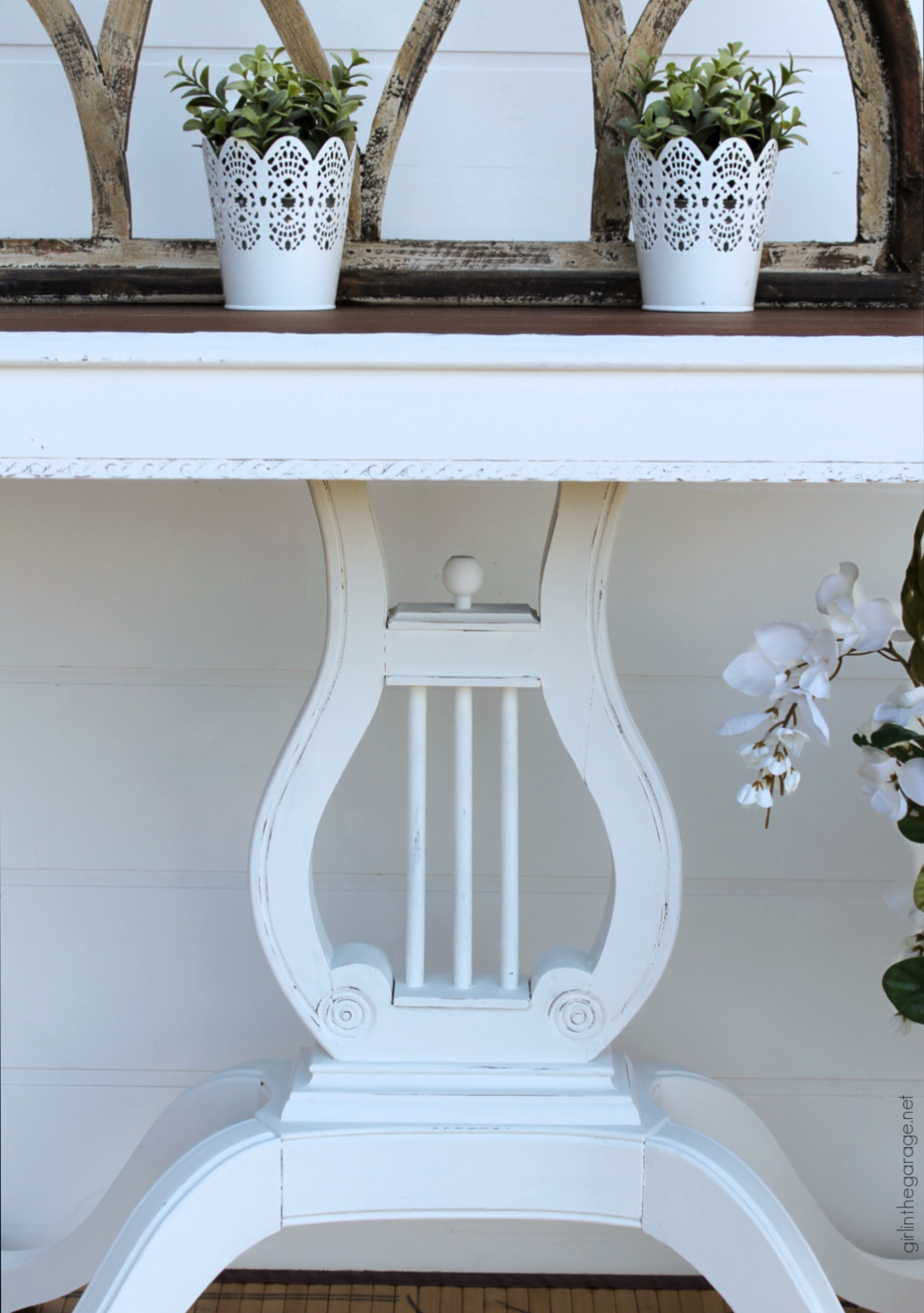 Learn how to refinish an antique harp table with both stain and paint for a gorgeous new look! By Girl in the Garage