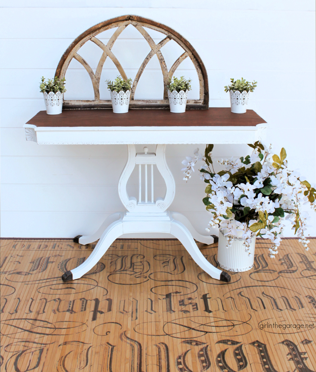 Learn how to refinish an antique harp table with both stain and paint for a gorgeous new look! By Girl in the Garage