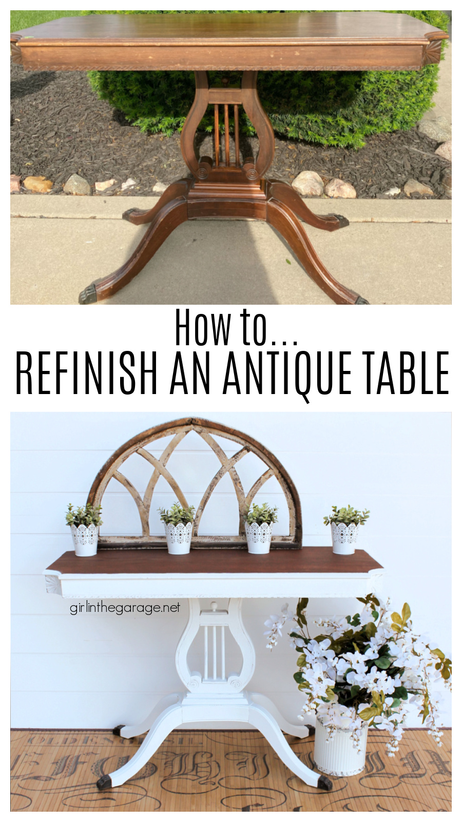 Learn how to refinish an antique harp table with both stain and paint for a gorgeous new look! By Girl in the Garage