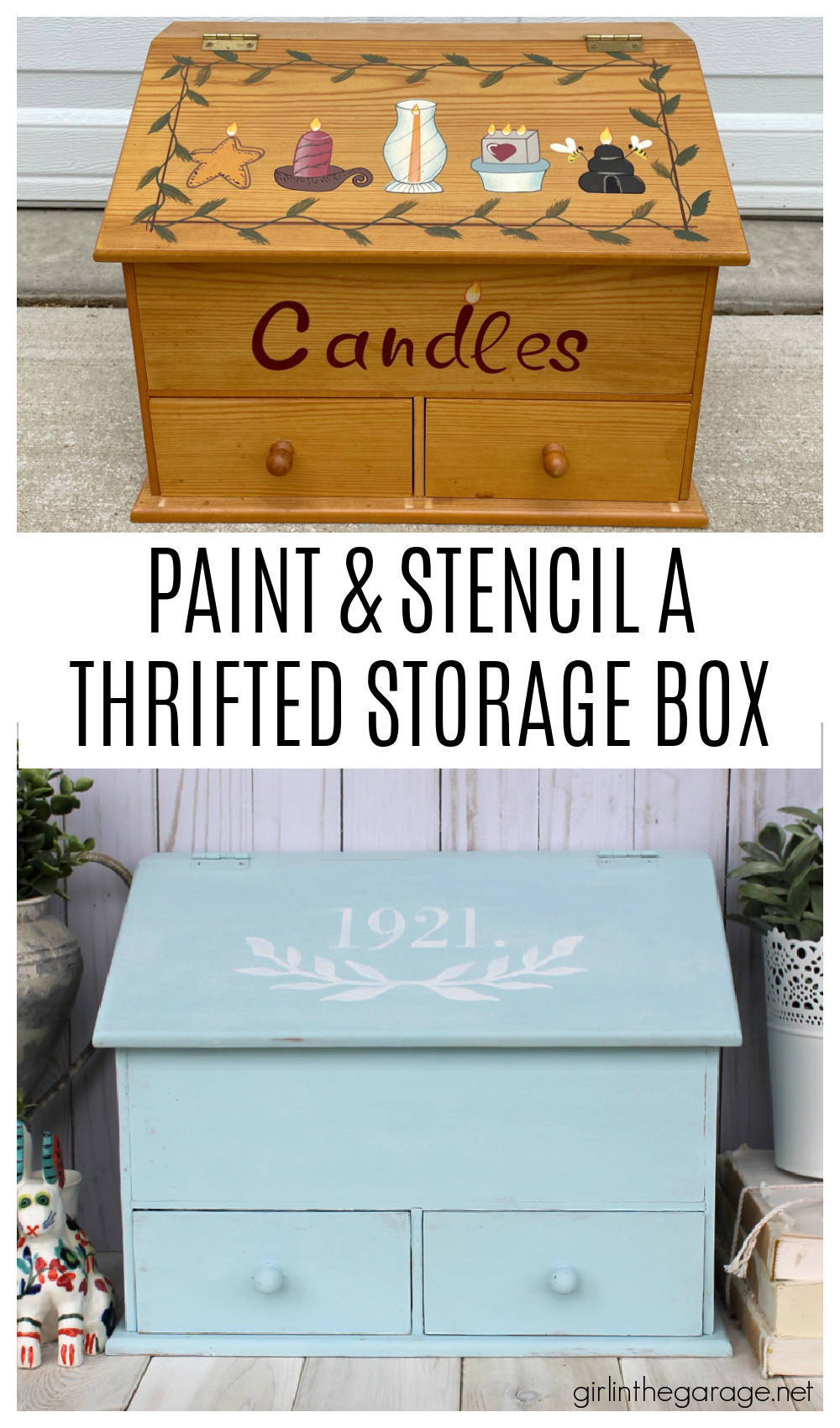 How to paint and stencil a thrifted Goodwill storage box and line the drawers with pretty paper. Easy and budget-friendly home decor by Girl in the Garage