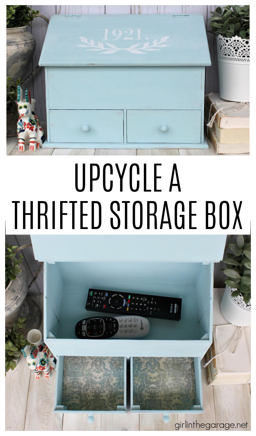 How to paint and stencil a thrifted Goodwill storage box and line the drawers with pretty paper. Easy and budget-friendly home decor by Girl in the Garage