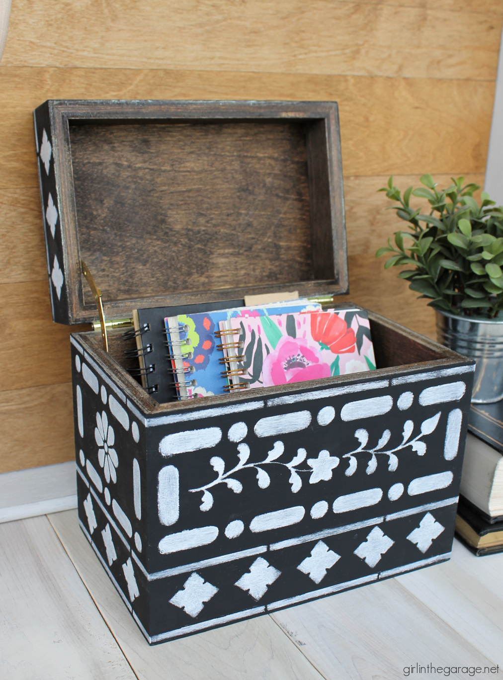 Learn how to stencil on wood decor and furniture. How to stencil bone inlay on a thrifted wood box. By Girl in the Garage