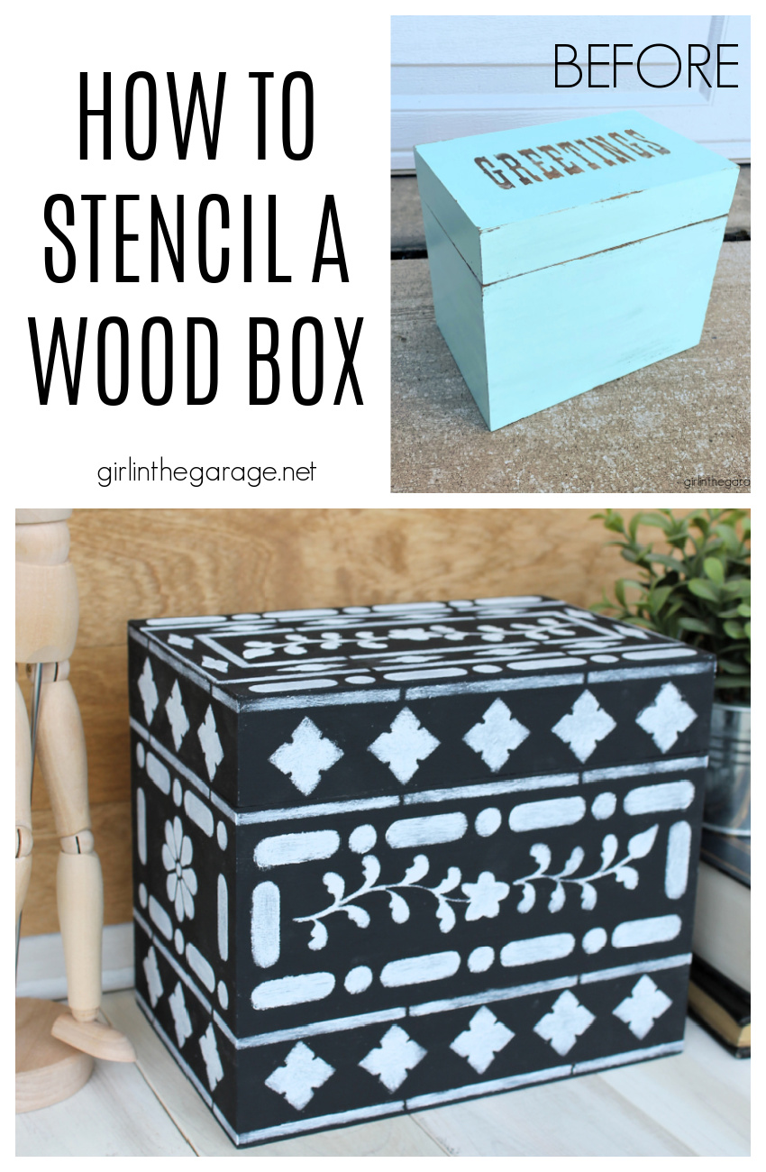 Learn how to stencil on wood decor and furniture. How to stencil bone inlay on a thrifted wood box. By Girl in the Garage