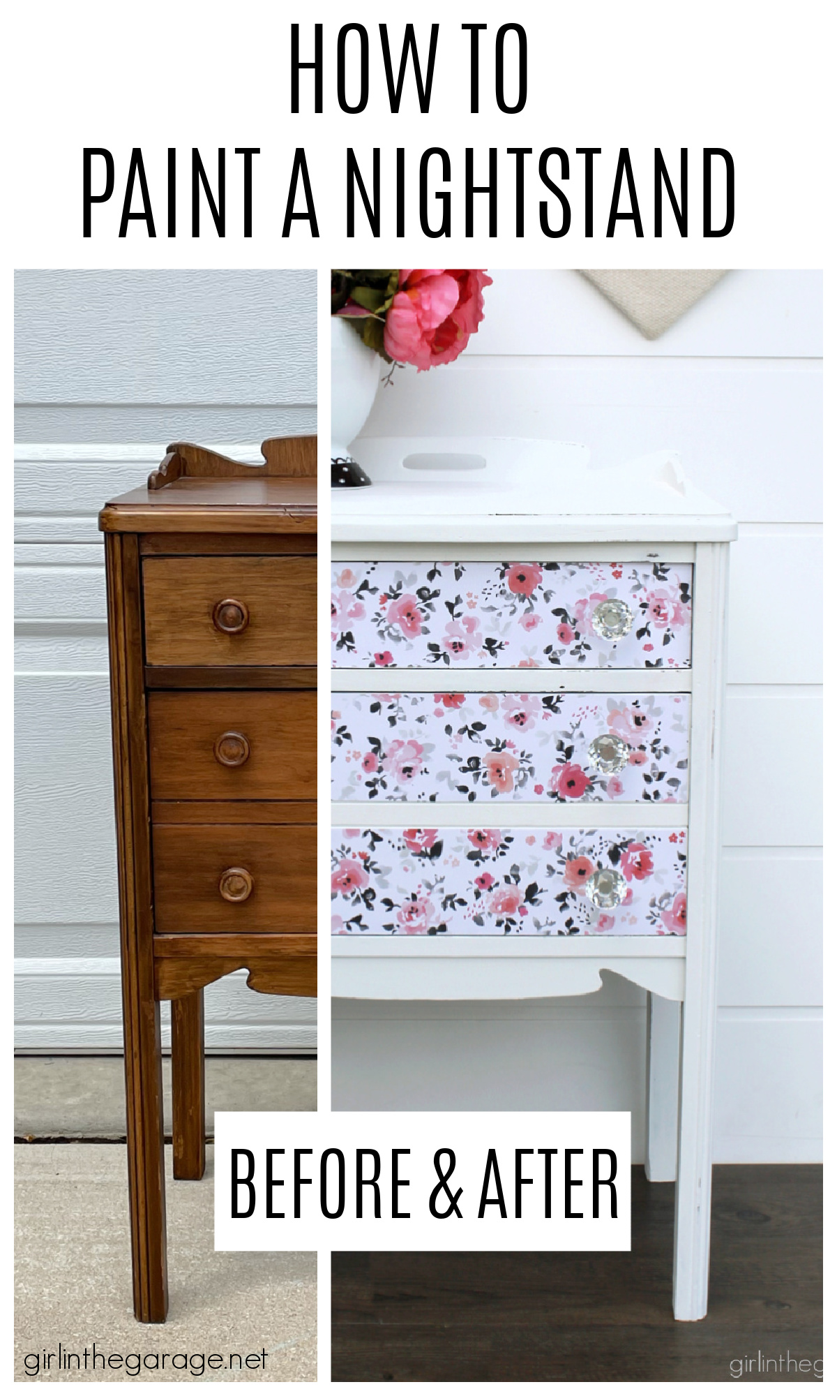 How to paint a vintage nightstand white and add charming decoupage poster board on the drawers. By Girl in the Garage