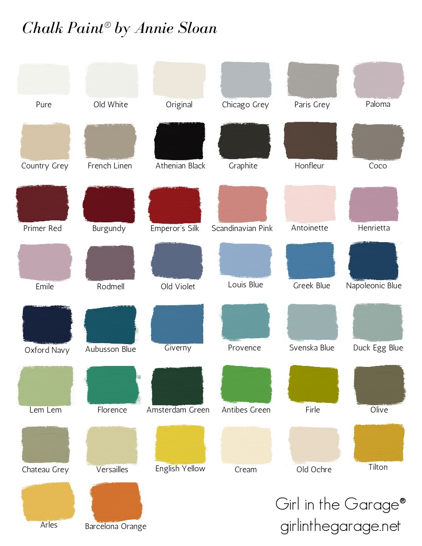 Learn about the brilliant Annie Sloan Chalk Paint colors available for painting furniture, including seeing examples on real life painted furniture and decor. By Girl in the Garage