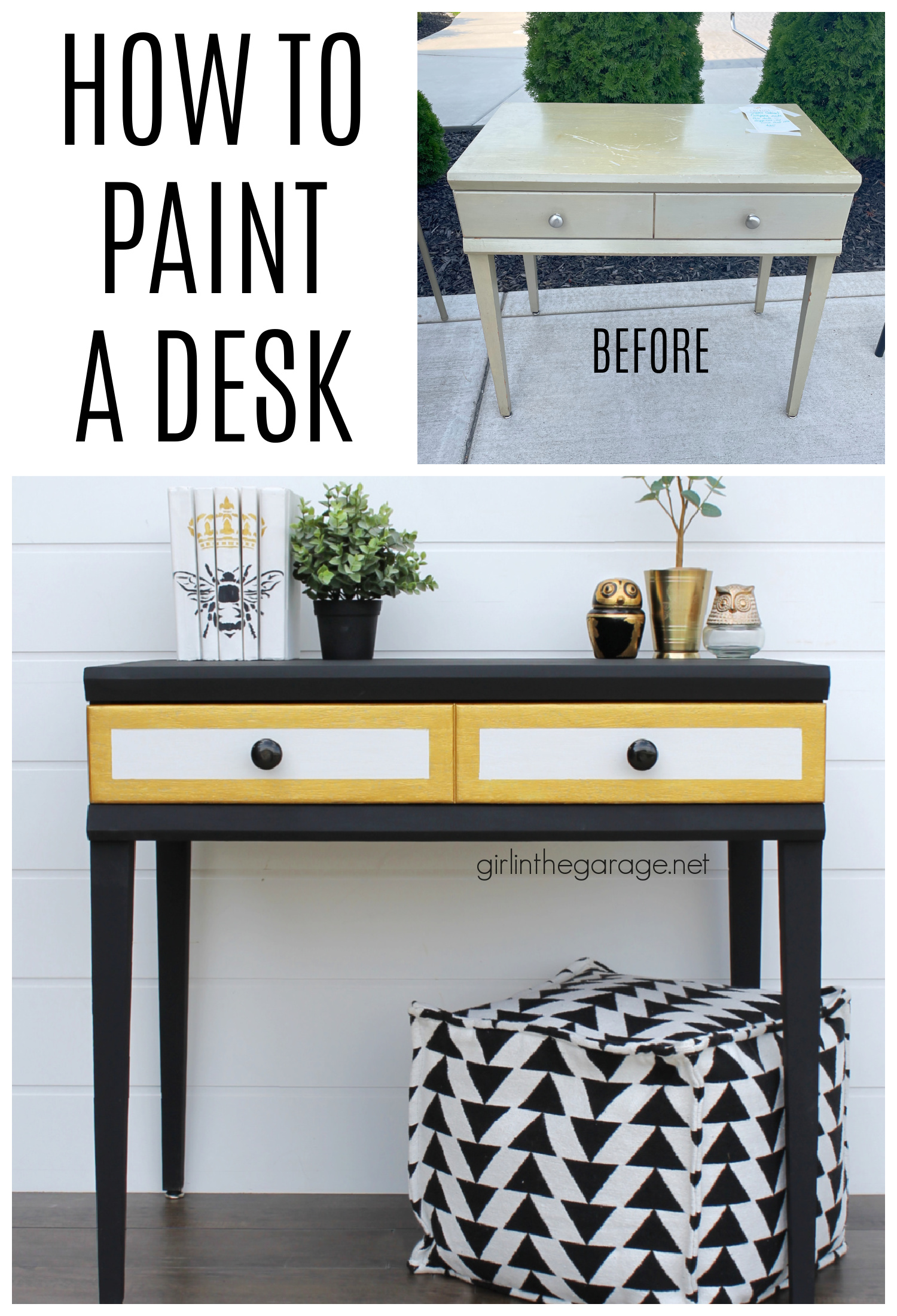 How to paint a desk - Mid century wood desk gets a glamorous makeover by Girl in the Garage