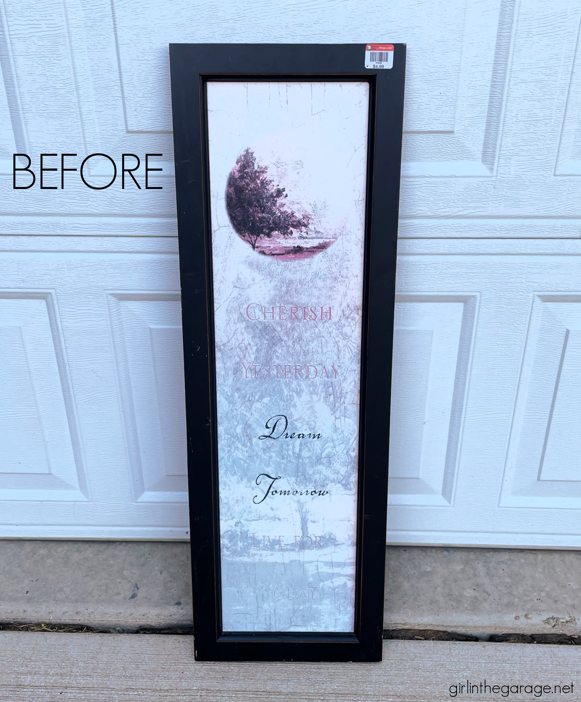 How to transform and repurpose old Goodwill art into a beautiful farmhouse-style sign for your home. Easy home decor ideas by Girl in the Garage