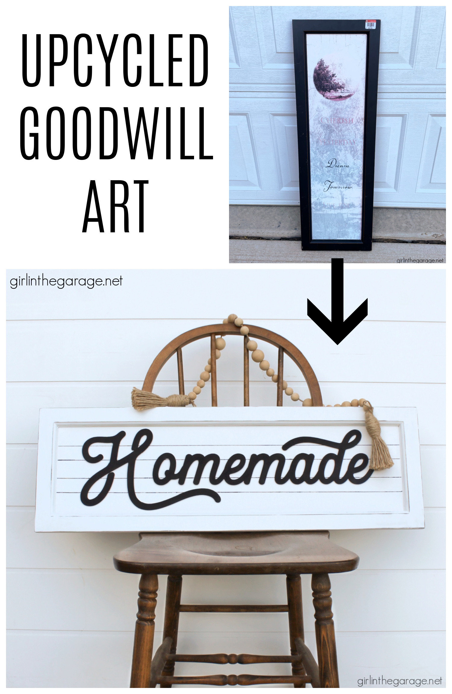 How to transform and repurpose old Goodwill art into a beautiful farmhouse-style sign for your home. Easy home decor ideas by Girl in the Garage