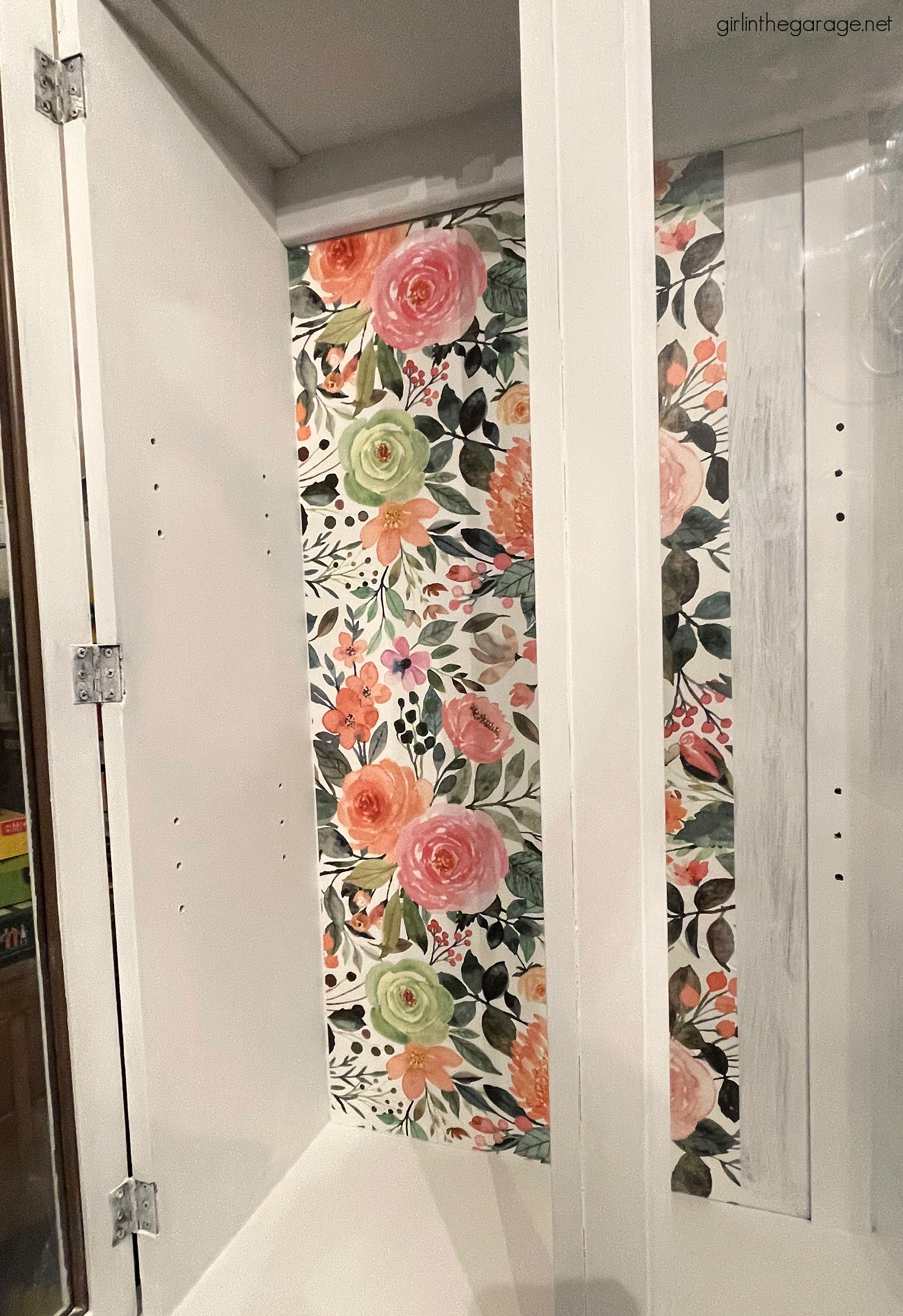 How to create a gorgeous painted china cabinet with wallpapered back. Full tutorial with photos by Girl in the Garage.