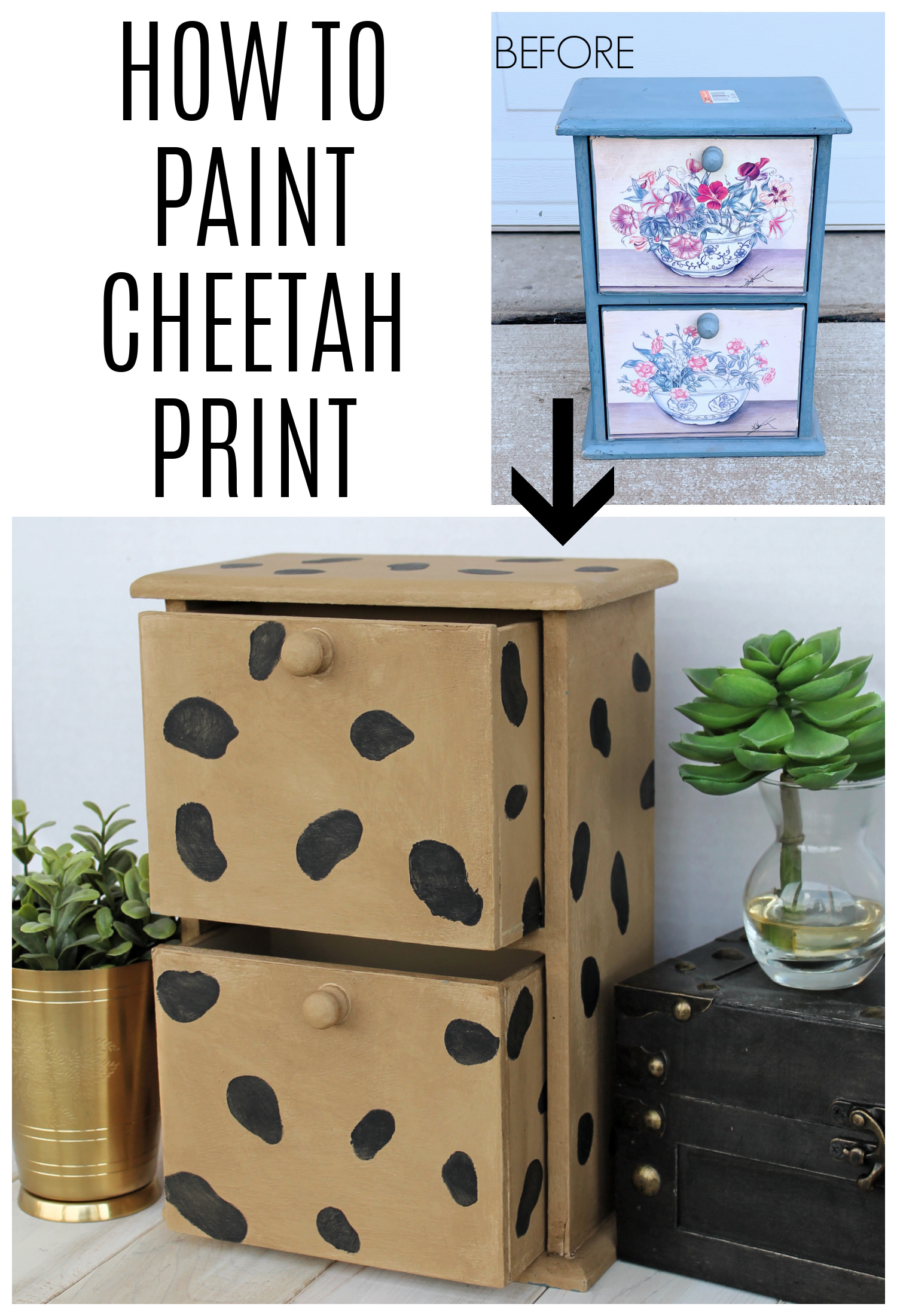 Learn how painting a cheetah print can transform a boring wooden box easily with the right technique. Use animal print to upcycle chic home decor. By Girl in the Garage