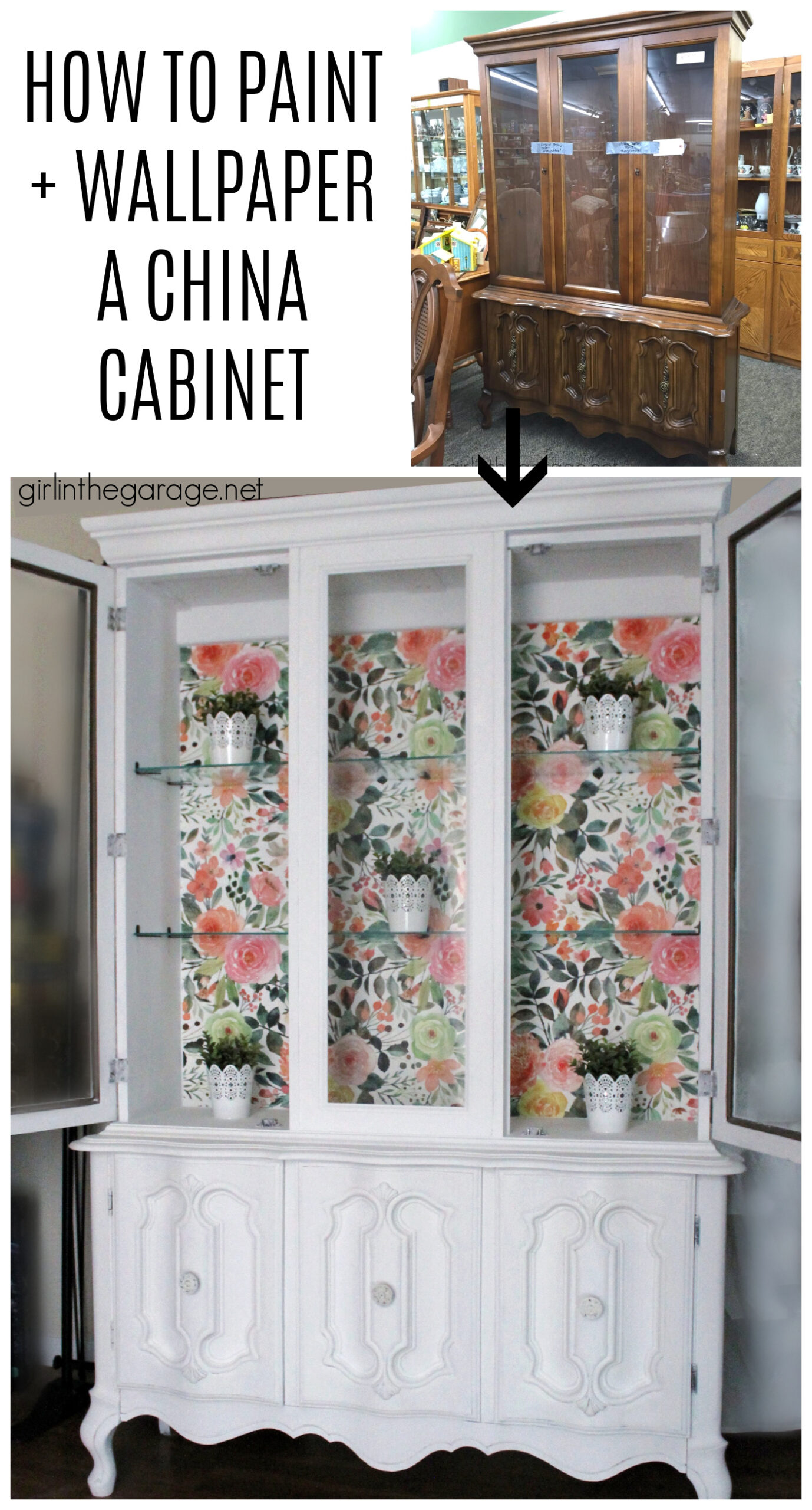 How to create a gorgeous painted china cabinet with wallpapered back. Full tutorial with photos by Girl in the Garage.