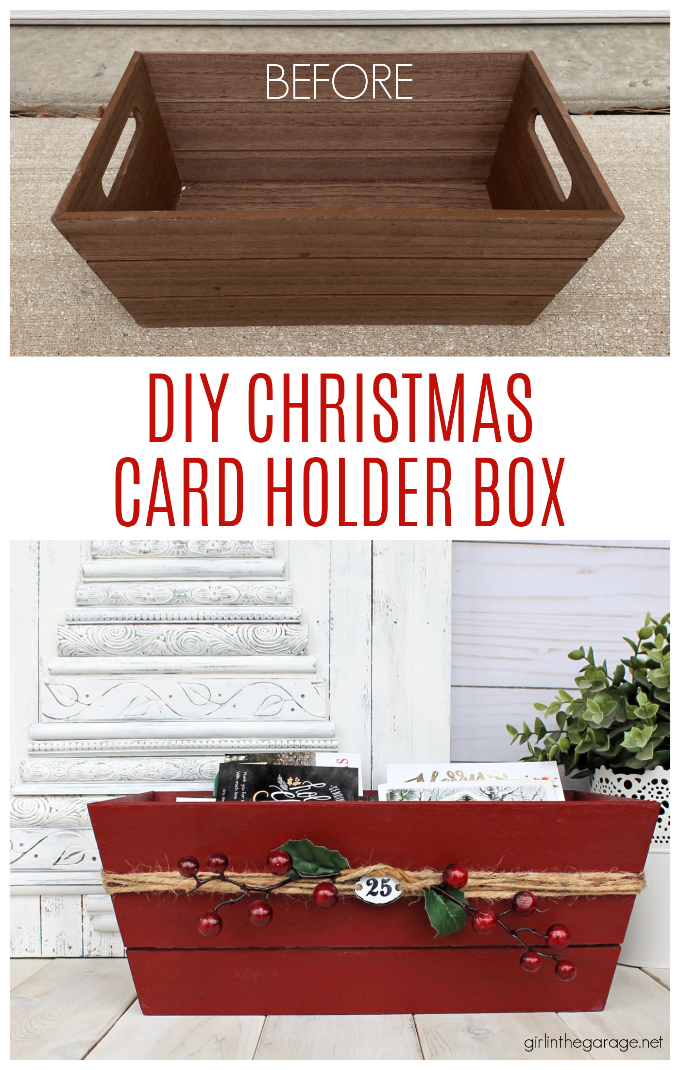 Learn how to transform a plain Target wood crate into a festive DIY Christmas card holder box with just a few supplies. Super cute Christmas decor idea by Girl in the Garage