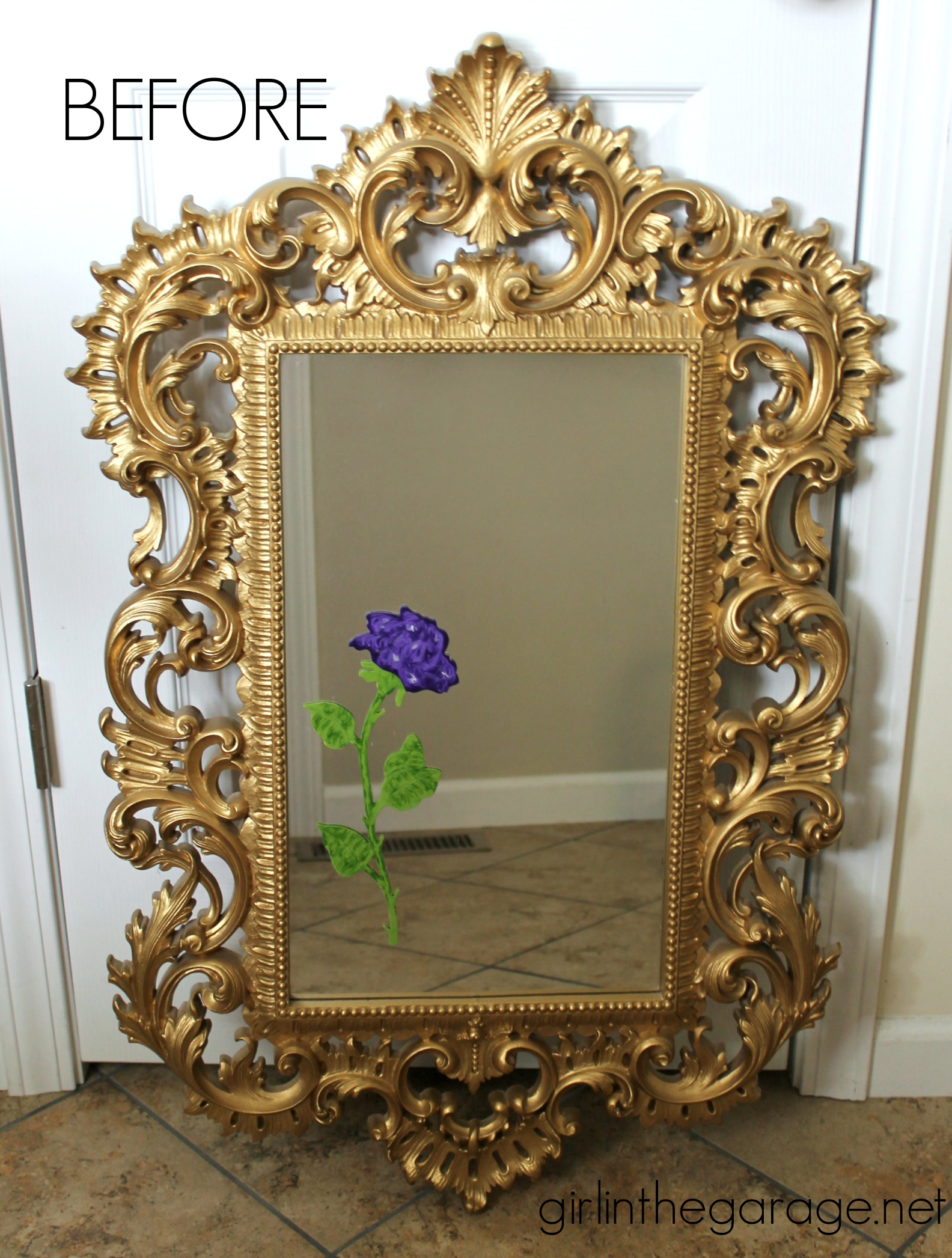 How to paint something to look like wood, like this gaudy gold plastic mirror. This easy makeover is a stunning update! By Girl in the Garage