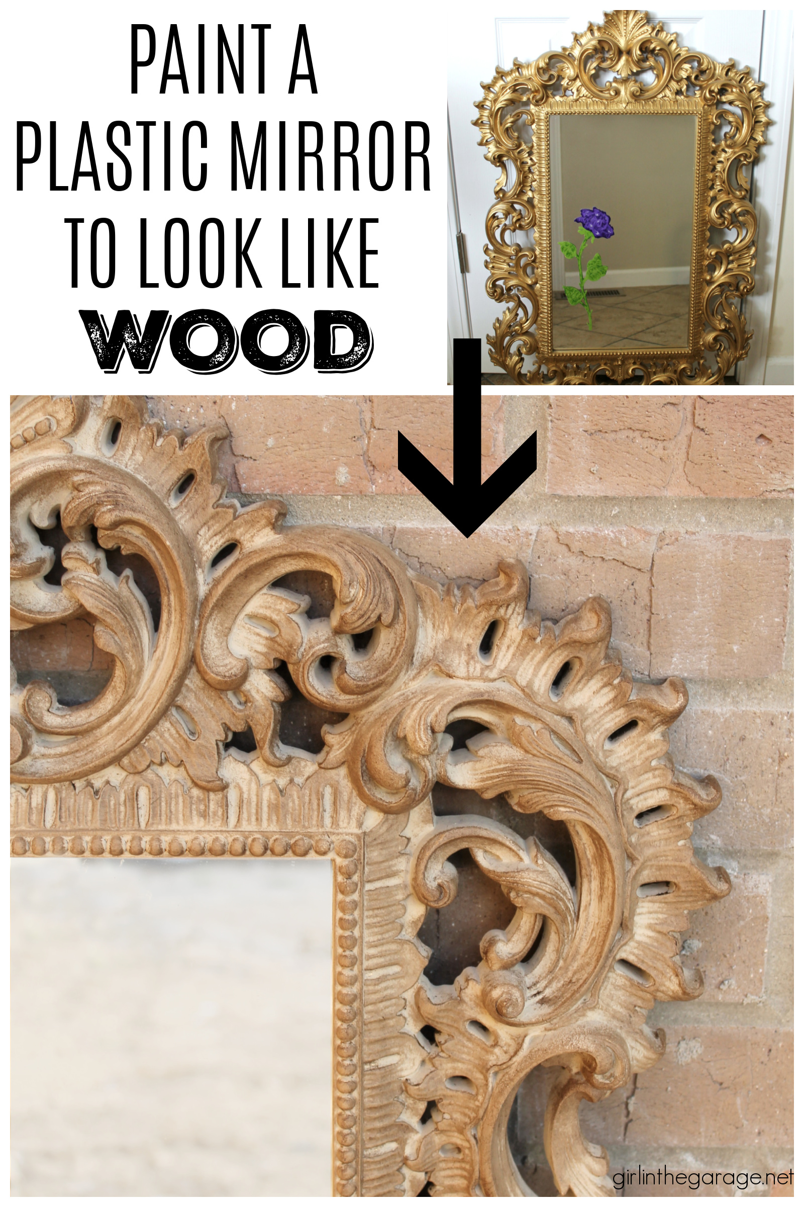 How to paint something to look like wood, like this gaudy gold plastic mirror. This easy makeover is a stunning update! By Girl in the Garage